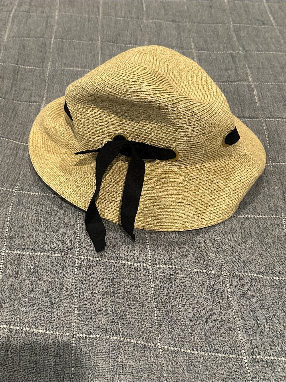 Straw Colored Sun Hat with Black Ribbon Trim